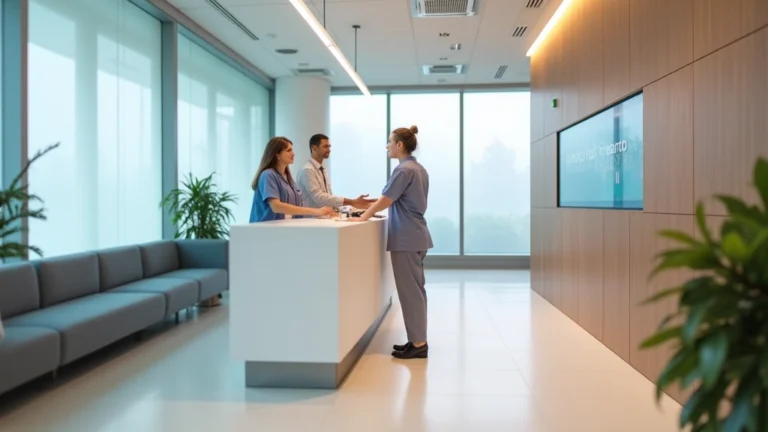 Modern medical clinic reception area with welcoming staff at desk, bright natural lighting, contemporary healthcare facility interior, patient checking in