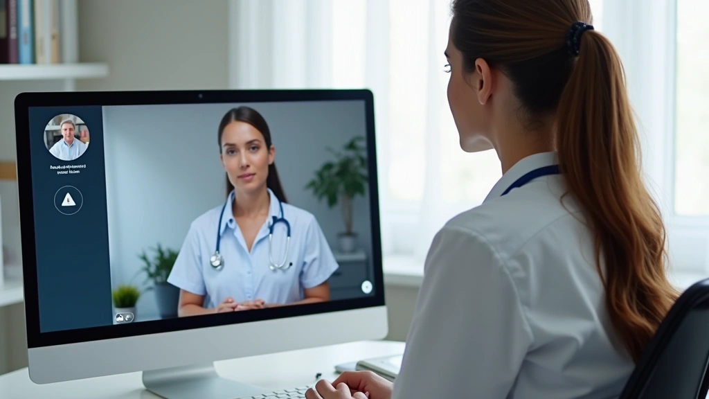 Female healthcare provider conducting virtual telehealth consultation on computer screen, professional medical office setting