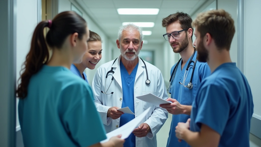 Diverse medical team in hospital hallway reviewing patient charts together, collaborative healthcare environment, modern medi