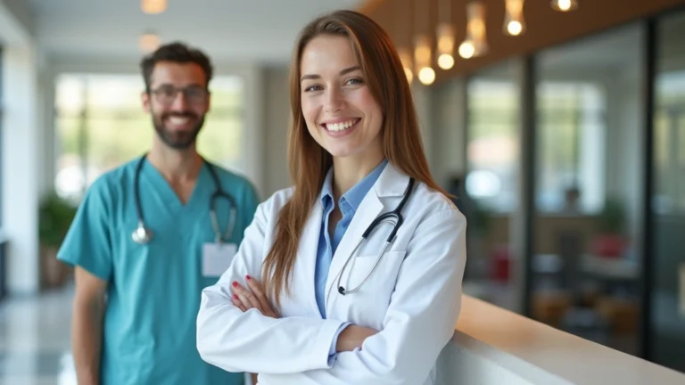 Professional medical office reception area with welcoming staff greeting patients, modern healthcare facility interior, natural lighting, comfortable waiting room with contemporary furniture