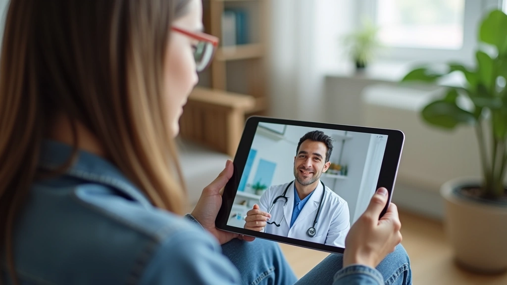 Patient receiving telehealth video consultation with doctor on tablet in home setting, virtual healthcare visit, professional