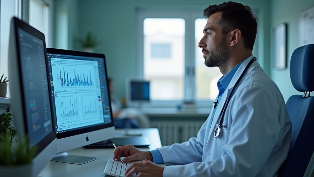 Healthcare provider reviewing patient chart with electronic health record system, doctor at computer workstation, integrated 