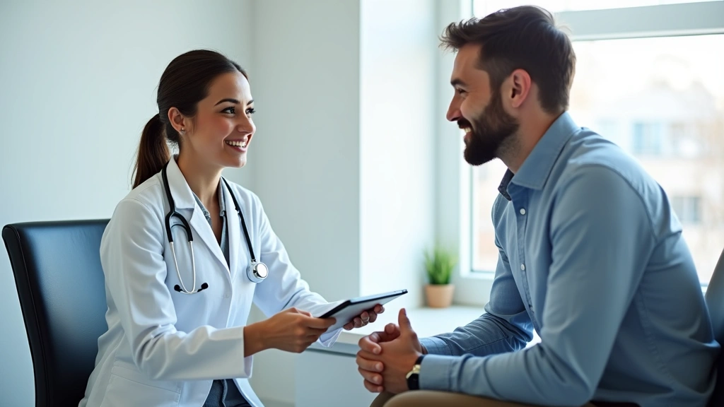 Professional female physician in white coat consulting with male patient in modern clinical exam room, bright natural lighting, patient sitting on examination table