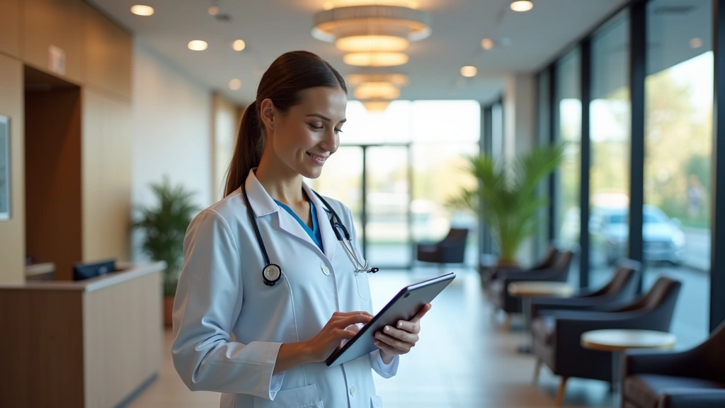 Healthcare professional scheduling patient appointment on digital tablet in welcoming medical office reception area, warm lig