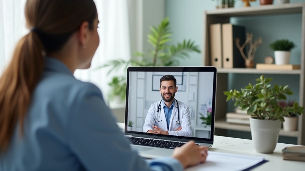 Patient video call consultation on laptop with healthcare provider in telehealth virtual visit, home office setting, professi