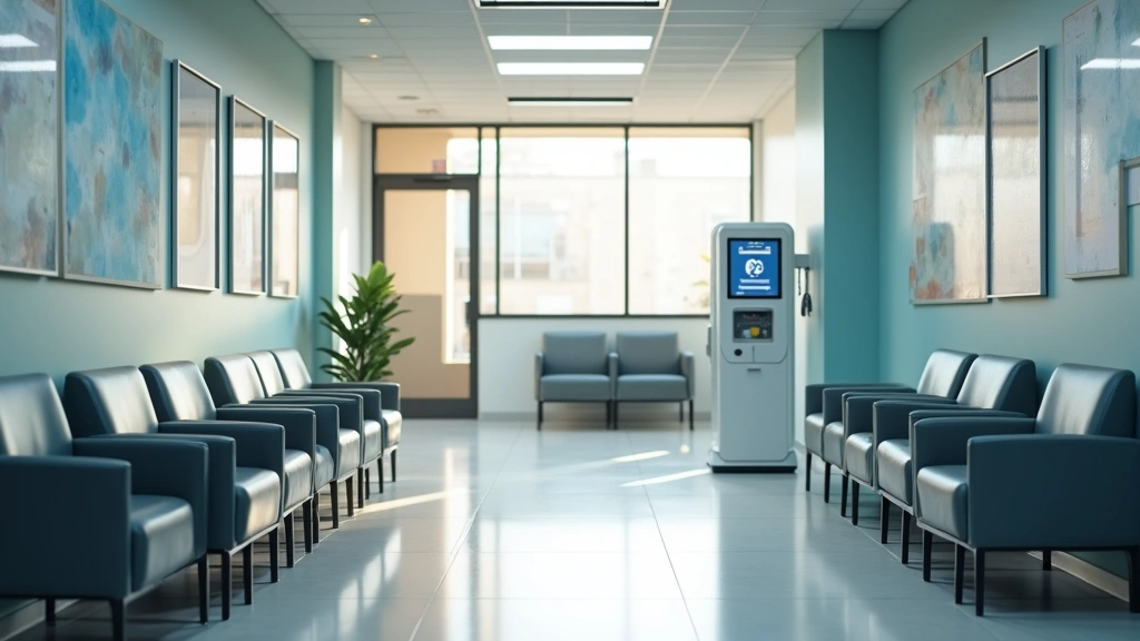 Modern medical clinic waiting room with comfortable seating, natural lighting, and digital check-in kiosk, professional healthcare environment