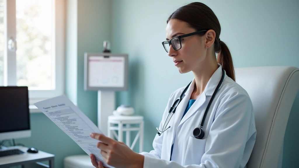 Female primary care physician in white coat reviewing patient chart in private examination room with modern medical equipment