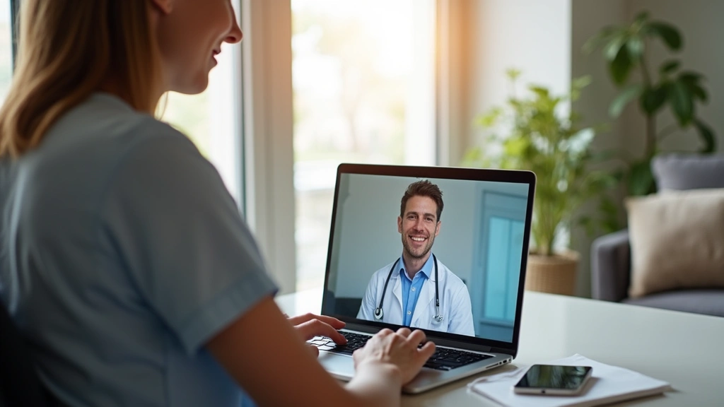 Patient using laptop for virtual telehealth appointment with healthcare provider, comfortable home setting with professional 