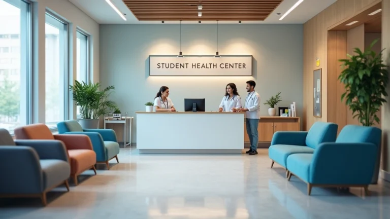 Professional medical clinic reception area with student health center signage, modern waiting room with comfortable seating, diverse healthcare staff at front desk, natural lighting, welcoming atmosphere