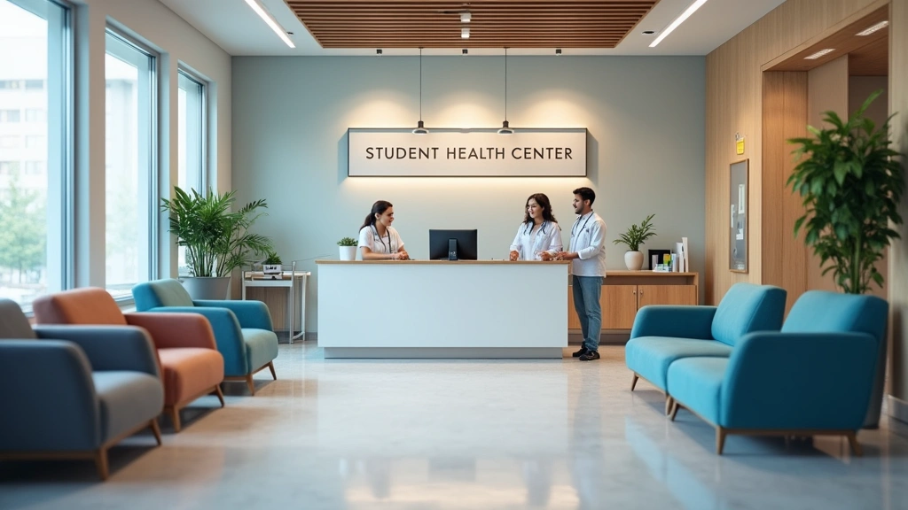 Professional medical clinic reception area with student health center signage, modern waiting room with comfortable seating, diverse healthcare staff at front desk, natural lighting, welcoming atmosphere