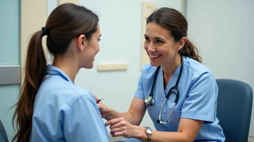 Female healthcare provider conducting routine physical examination with male student patient in clinical exam room, professio