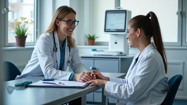 Professional occupational health clinic with medical staff assisting patient with work injury assessment, modern medical equipment visible, clinical setting