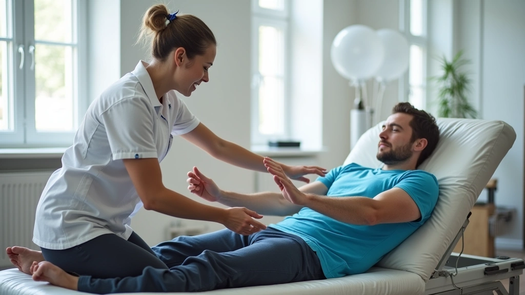 Physical therapist working with patient on occupational injury rehabilitation, modern therapy clinic with equipment, patient