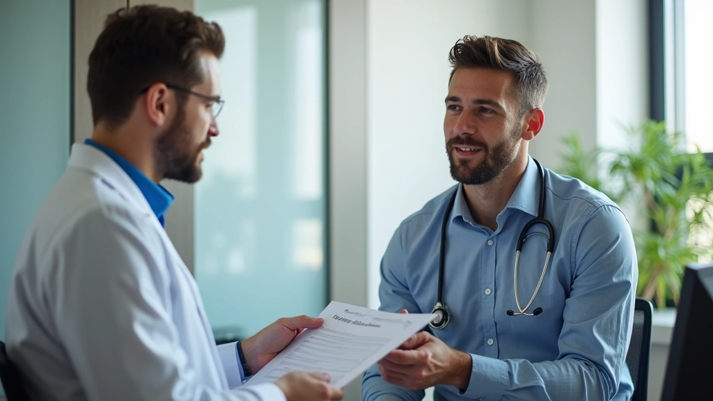 Occupational health physician consulting with employee in clinic office, discussing workplace injury treatment plan, professi