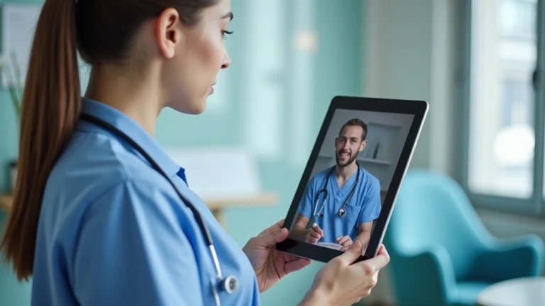 Professional healthcare provider conducting virtual consultation on tablet with patient visible on screen in modern medical office setting