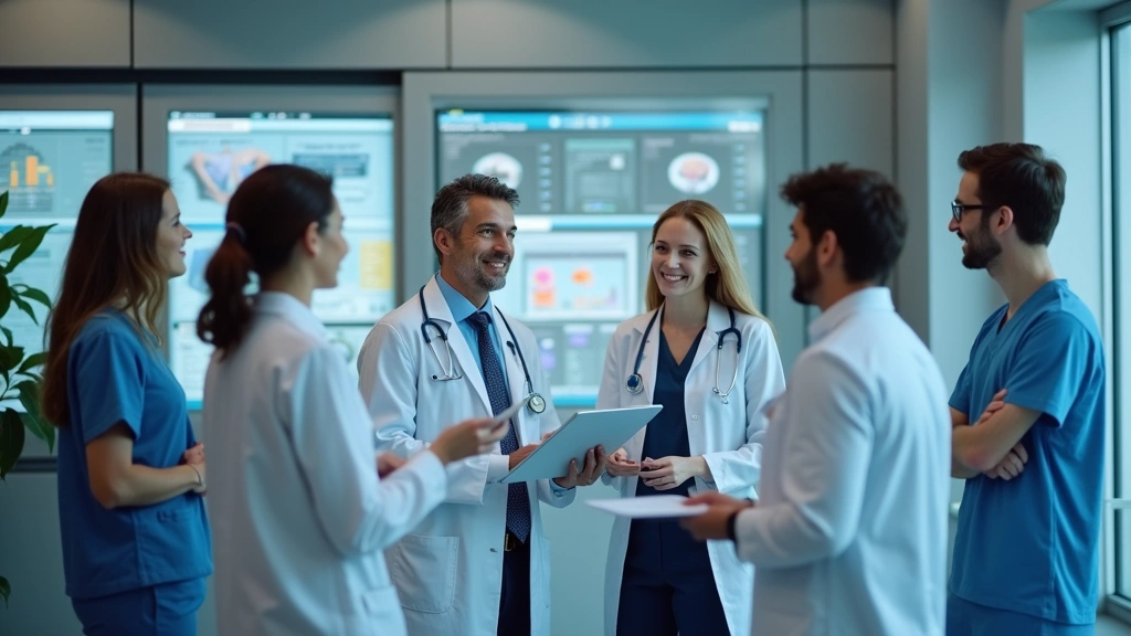 Diverse group of healthcare professionals including doctors and wellness coaches in modern clinic setting with digital health