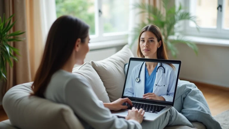 Woman in comfortable home setting having video consultation with female healthcare provider on laptop screen, professional medical background, natural lighting