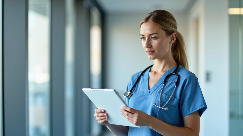 Female healthcare provider in clinical setting reviewing digital patient records on tablet, modern medical office environment