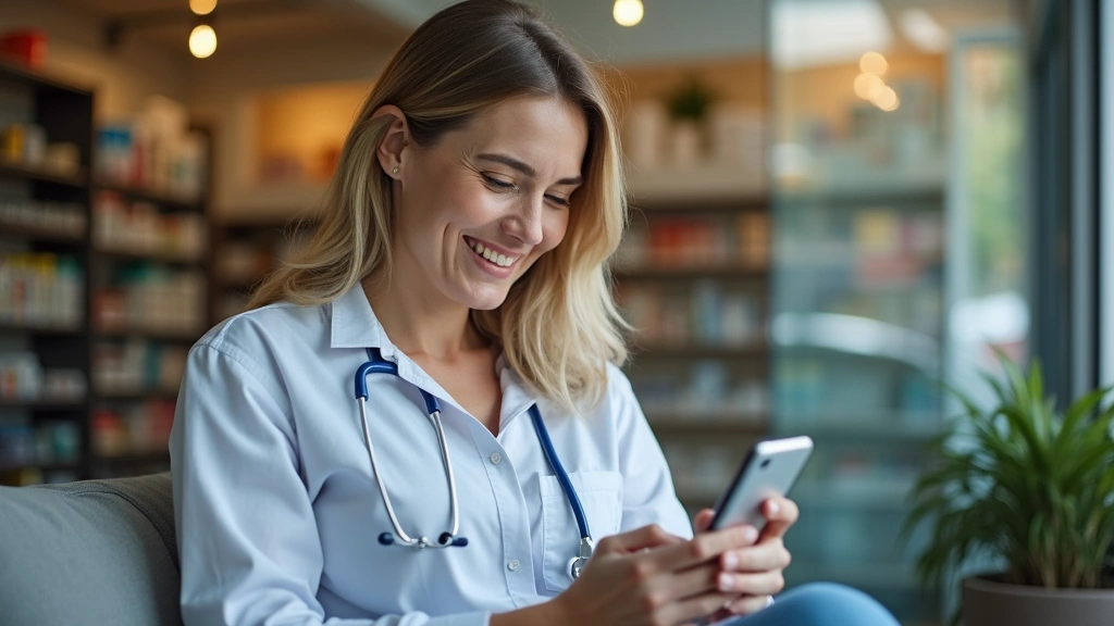 Woman receiving prescription notification on smartphone while relaxing, pharmacy storefront visible in background, modern hea