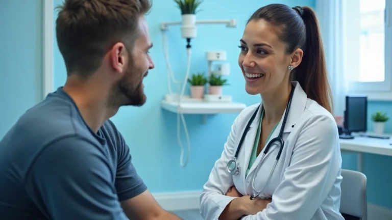 Professional female doctor in white coat consulting with male patient in modern clinic examination room with blue walls and medical equipment