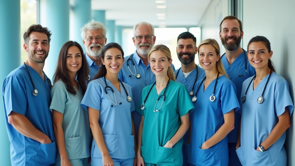 Diverse healthcare team of doctors and nurses in scrubs standing together in bright hospital corridor with natural lighting