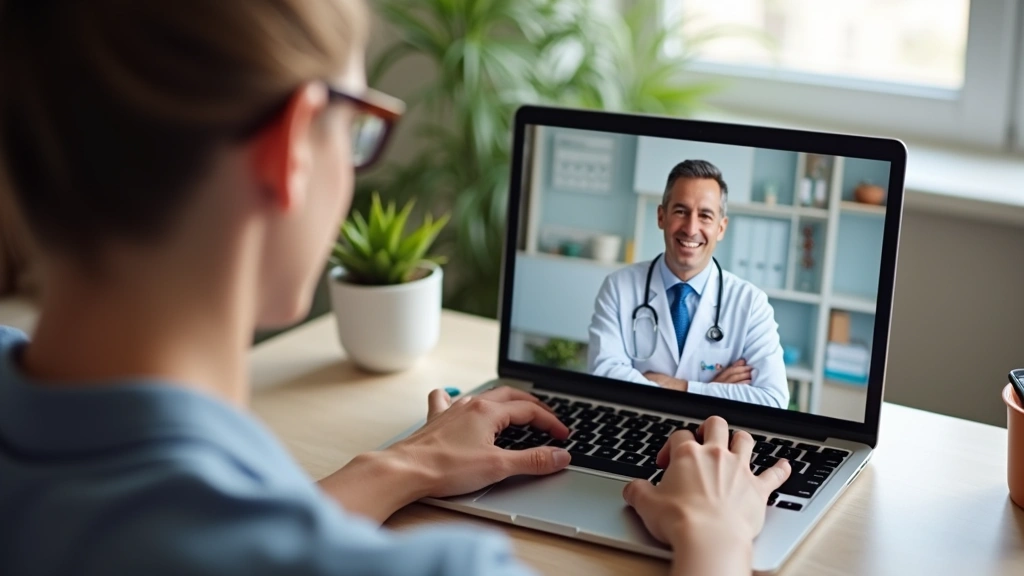 Patient using laptop for virtual telehealth appointment with doctor on screen, sitting at home desk in comfortable setting