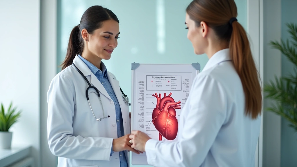 Woman in bright wellness clinic examining heart health chart with female cardiologist, natural lighting, professional medical setting, no text visible