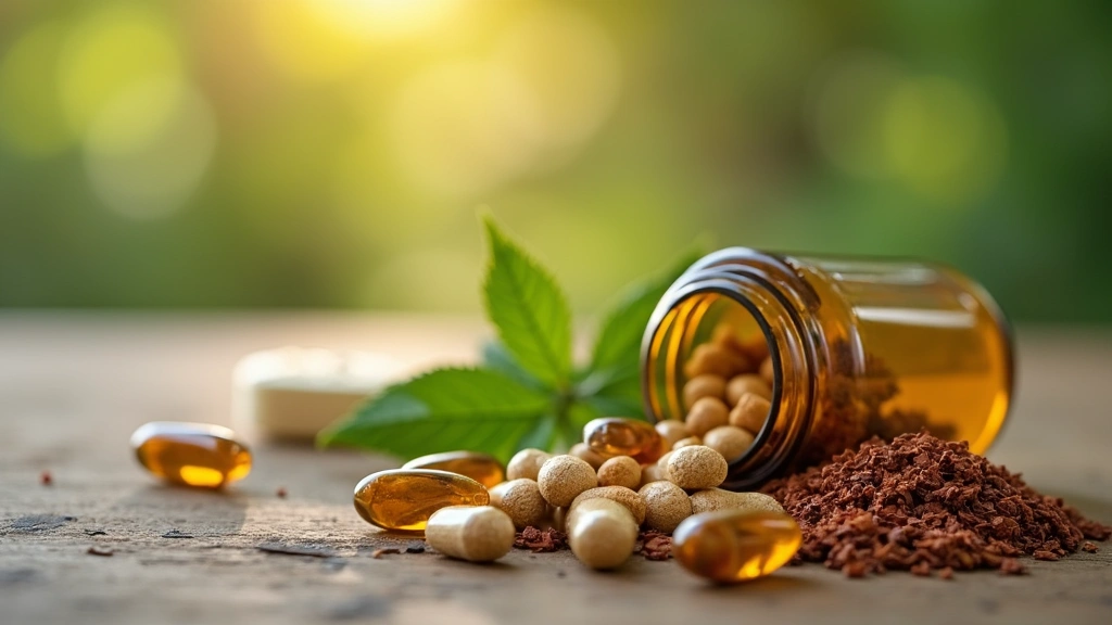 Close-up of natural Ayurvedic herbs and supplement capsules arranged on wooden surface with blurred heart health wellness bac