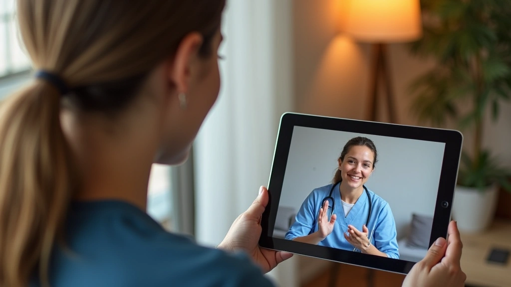 Female patient in telehealth consultation discussing supplement use with healthcare provider on tablet screen, home wellness 