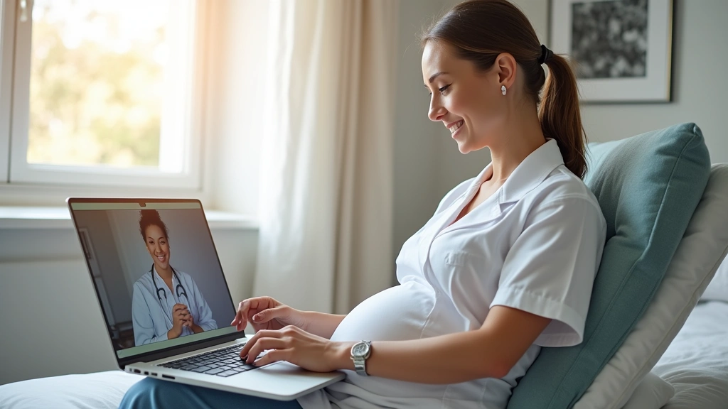 Pregnant woman having virtual video consultation with female OB-GYN doctor on laptop in bright modern bedroom, professional m