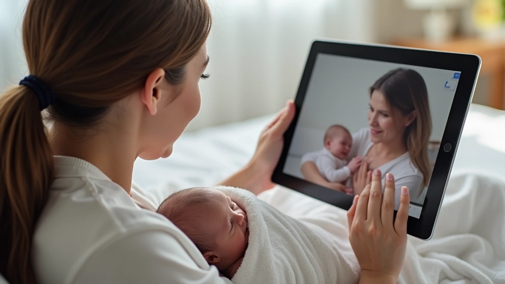 New mother with newborn baby receiving lactation consultation via tablet with female healthcare provider on screen, home envi
