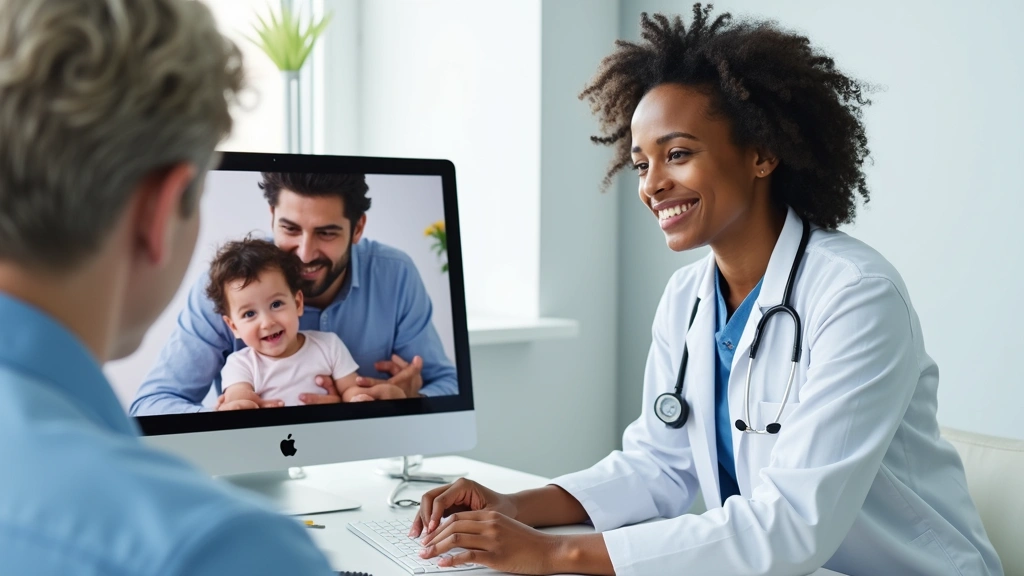 Pediatrician conducting virtual visit with parents and infant on computer screen, clean medical office background, profession