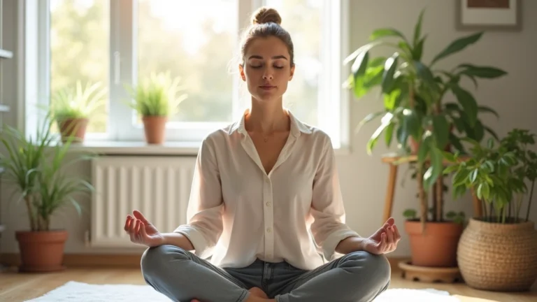 Professional woman meditating peacefully in bright, modern home office with natural sunlight, plants visible, serene expression, wellness atmosphere