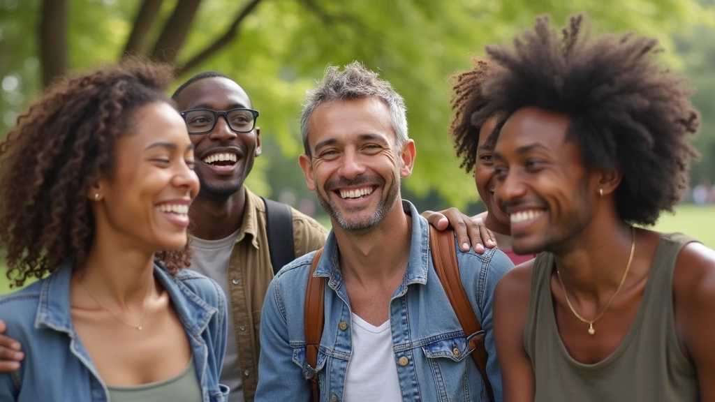 Diverse group of friends laughing together outdoors in park, genuine social connection, natural daylight, healthy lifestyle s