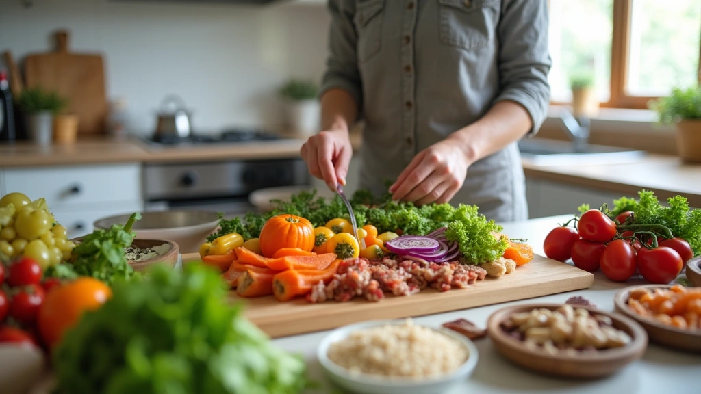 Person preparing colorful healthy meal in clean kitchen with fresh vegetables, whole grains, and proteins on counter, natural