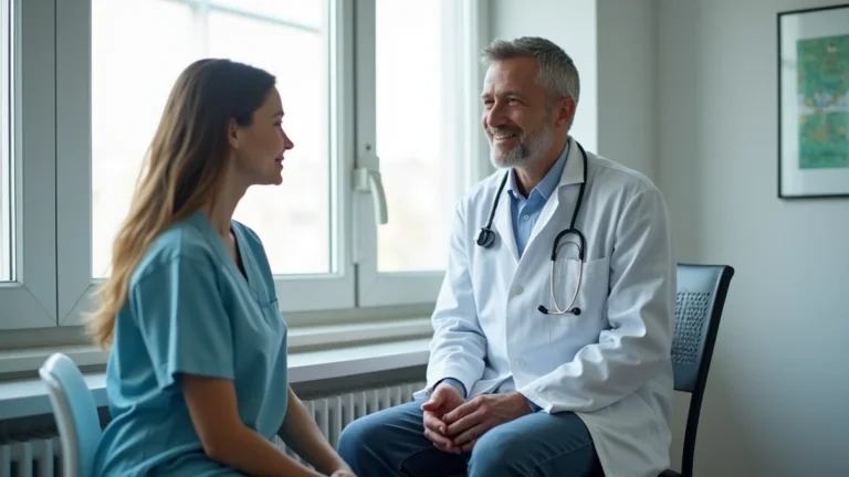 Professional healthcare provider conducting patient consultation in modern medical clinic, patient sitting in examination room, natural lighting, healthcare setting