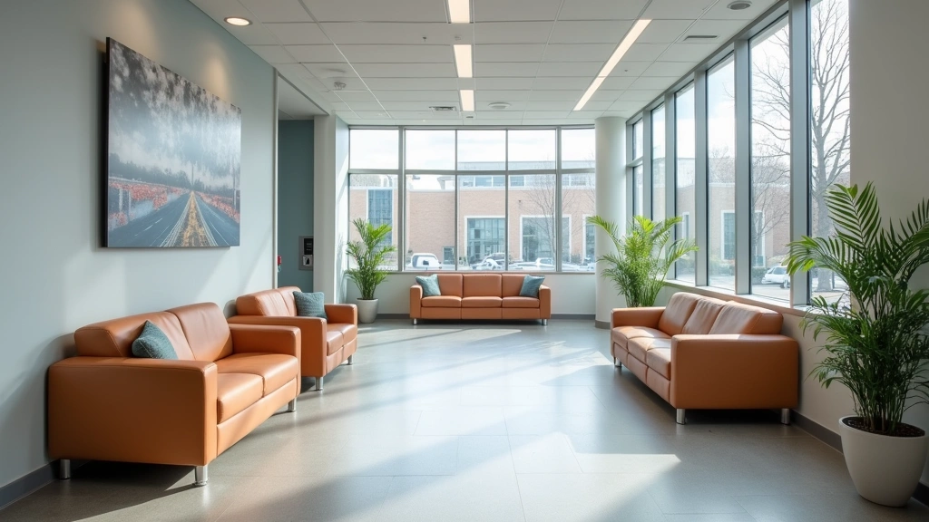 University campus health center interior with waiting area, comfortable seating, professional medical environment, clean mode