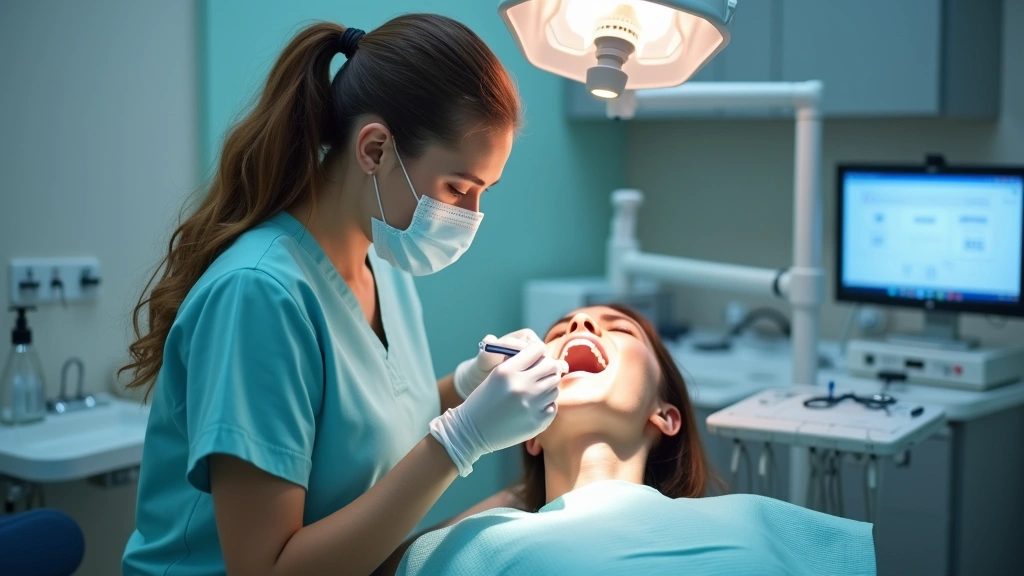 Dental hygienist performing teeth cleaning procedure on patient, professional dental clinic setting, bright overhead lighting