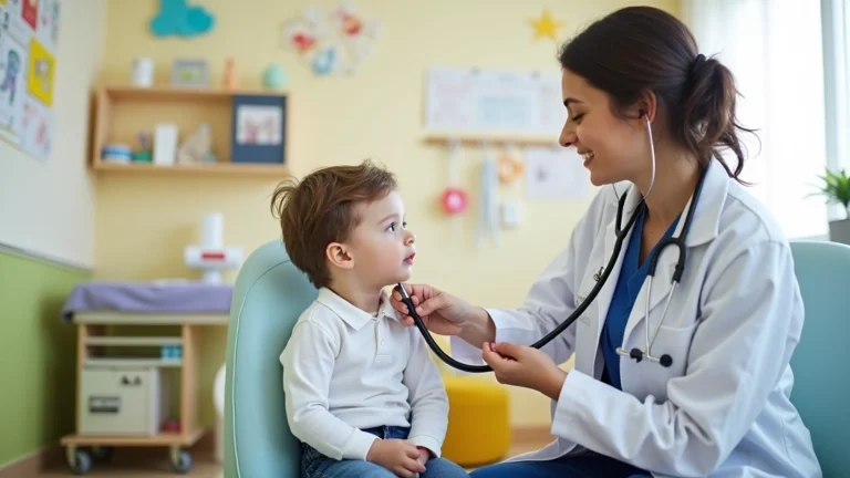 Pediatrician examining young child with stethoscope in bright, welcoming clinic room with colorful wall decorations and medical equipment