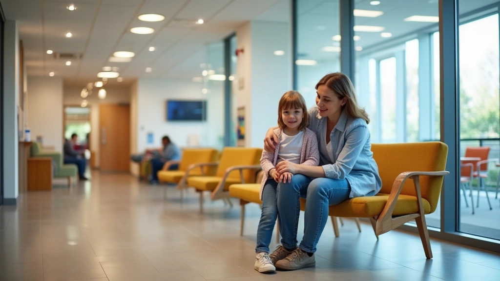 Parent and child in modern healthcare facility waiting room with comfortable seating and child-friendly design elements
