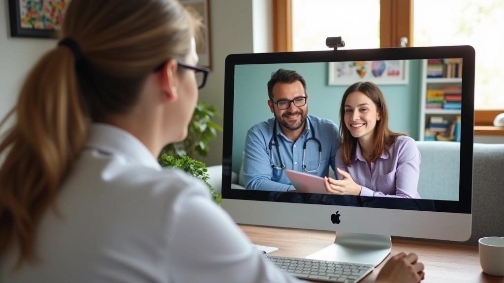Healthcare provider conducting virtual telehealth visit on computer screen with parent and child at home in comfortable setti
