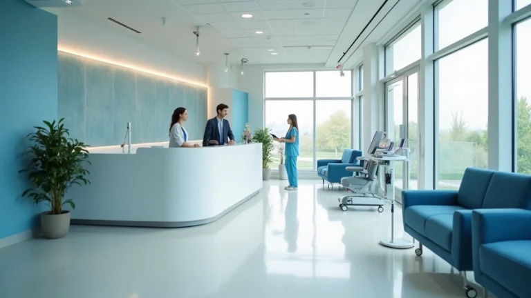 Professional healthcare facility reception area with welcoming staff and modern medical equipment, bright natural lighting, patient-centered design
