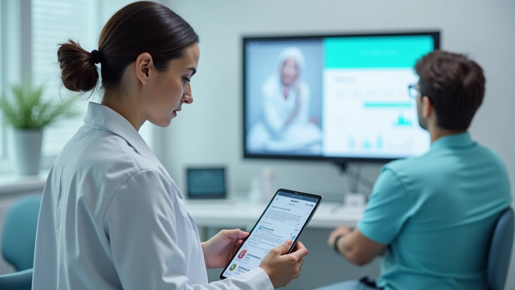 Doctor in white coat reviewing patient records on digital tablet in modern clinic examination room with contemporary medical 