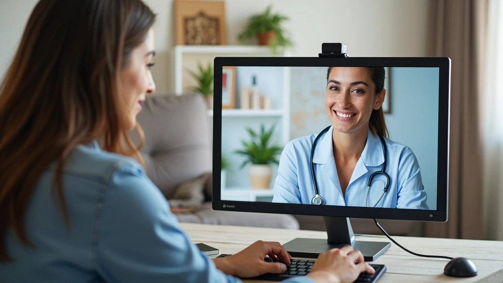 Telehealth consultation scene showing patient at home on video call with healthcare provider on computer screen, comfortable 