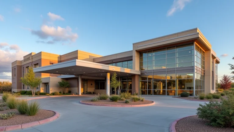 Modern hospital building exterior with glass entrance and landscaping, daytime, professional medical facility architecture, Queen Creek Arizona setting