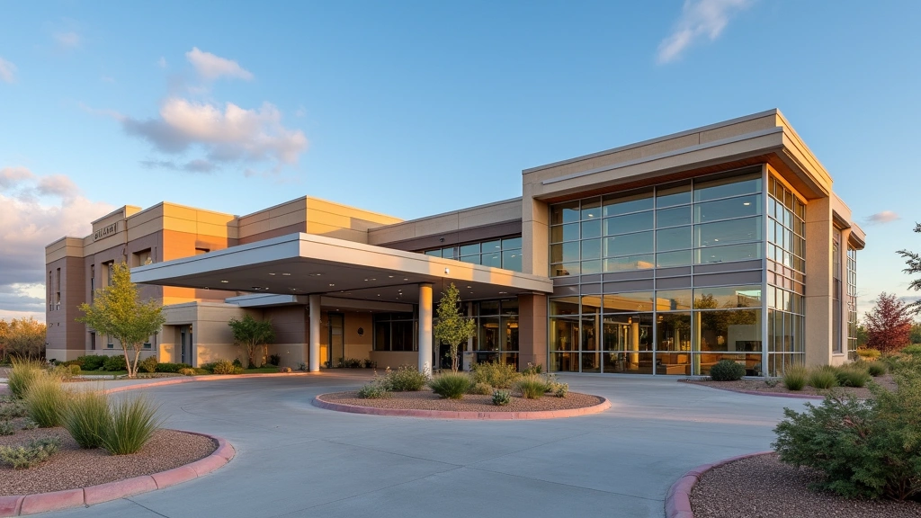Modern hospital building exterior with glass entrance and landscaping, daytime, professional medical facility architecture, Queen Creek Arizona setting