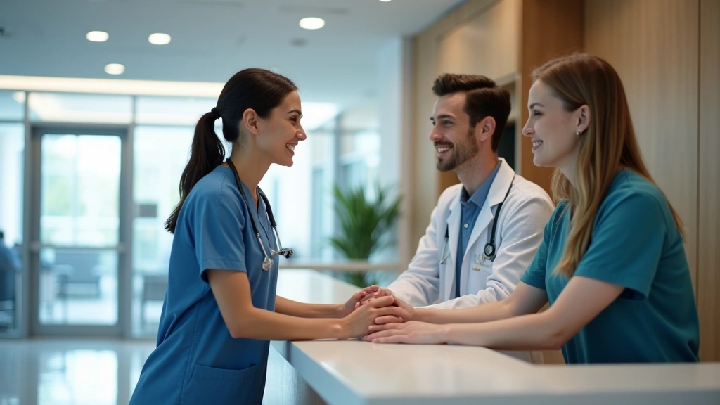 Patient checking in at hospital reception desk with friendly staff member, welcoming healthcare environment, modern hospital 