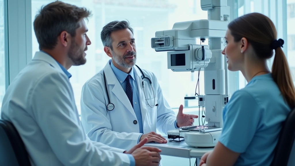 Doctor in white coat consulting with patient in bright clinical examination room, professional medical setting, advanced heal