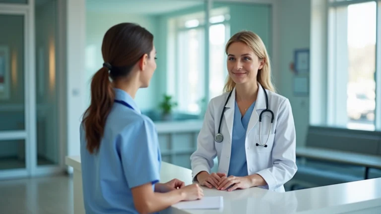 Professional female patient checking in at hospital reception desk with friendly staff member, modern healthcare facility interior, natural lighting