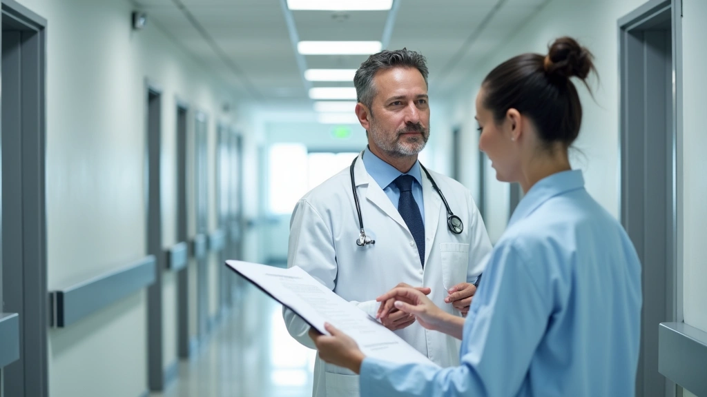 Doctor in white coat reviewing patient chart in modern hospital hallway, professional medical setting, confident healthcare p